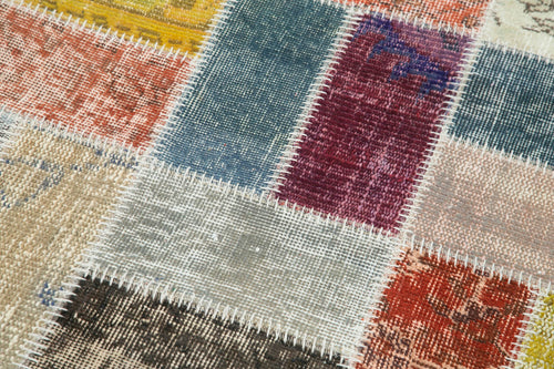 Handmade Area Rug - Blue Patchwork Cotton Wool Vintage Turkish Carpet 2'10''x9'10''