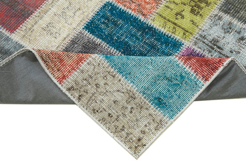 Handmade Area Rug - Blue Patchwork Cotton Wool Vintage Turkish Carpet 2'10''x9'10''