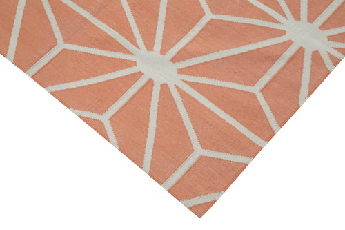 Handmade Area Rug - Orange Geometric Cotton Wool Vintage Turkish Carpet 3'8''x5'5''