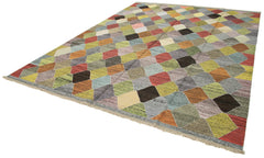 Scrap Green Geometric Cotton Wool Handmade Area Rug 9'6'' x 12'6''