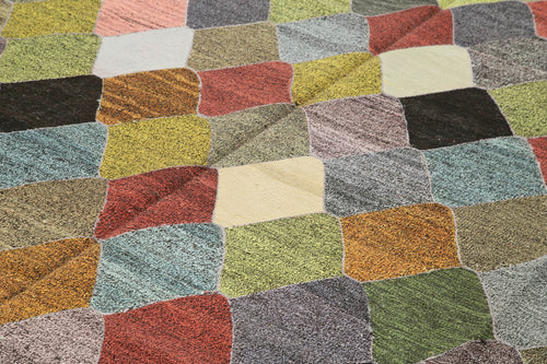 Scrap Green Geometric Cotton Wool Handmade Area Rug 9'6'' x 12'6''