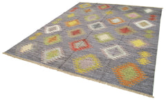 Handmade Area Rug - Blue Geometric Cotton Wool Rug 8'5" x 10'3" Durable Vintage