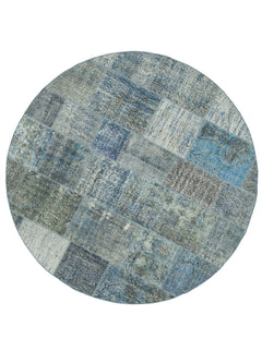 Handmade Area Rug - Blue Patchwork Wool Cotton Vintage Woven Carpet 7'1'' x 7'1''
