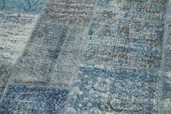 Handmade Area Rug - Blue Patchwork Wool Cotton Vintage Woven Carpet 7'1'' x 7'1''