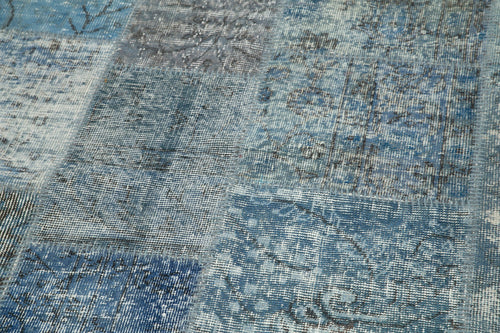 Handmade Area Rug - Blue Patchwork Wool Cotton Vintage Woven Carpet 7'1'' x 7'1''