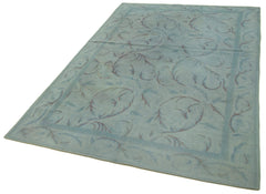 Needlepoint Blue Floral Cotton Wool Handmade Area Rug 5'4'' x 8'4''