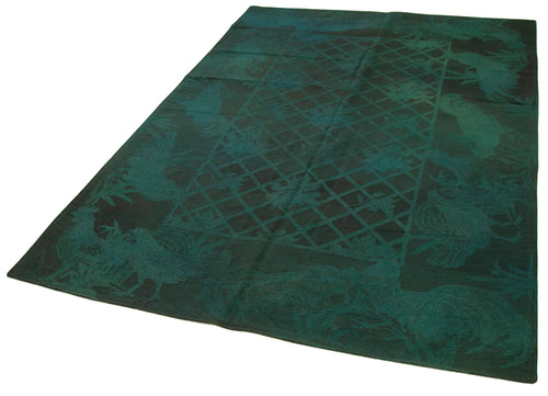 Handmade Area Rug – Vintage Wool Cotton Floral Carpet 5'5'' x 7'10'' Green