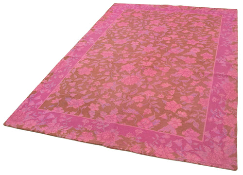 Needlepoint Pink Floral Cotton Wool Handmade Area Rug 5'5'' x 8'4''