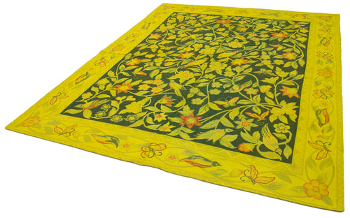 Needlepoint Yellow Floral Cotton Wool Handmade Area Rug 6'11'' x 8'11''