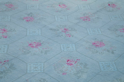 Needlepoint Blue Floral Cotton Wool Handmade Area Rug 8'0'' x 11'0''