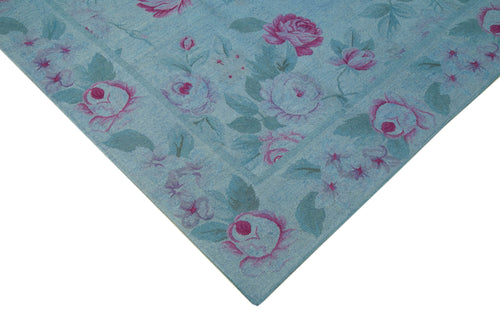 Needlepoint Blue Floral Cotton Wool Handmade Area Rug 8'2'' x 11'1''