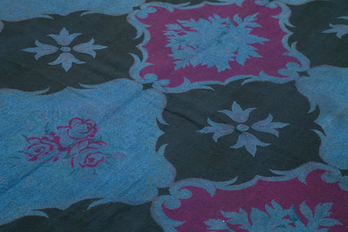 Handmade Area Rug - Blue Floral Cotton Wool Vintage Handwoven Carpet 8'3''x11'1''