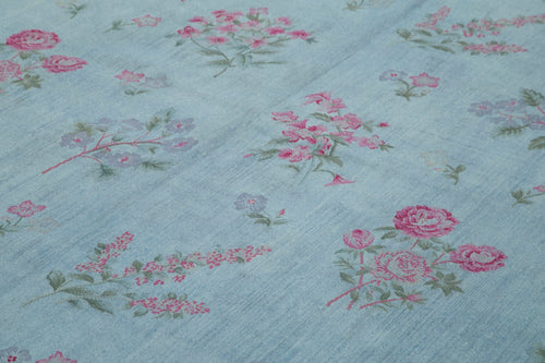 Needlepoint Blue Floral Cotton Wool Handmade Area Rug 8'2'' x 11'2''