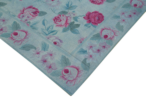 Needlepoint Blue Floral Cotton Wool Handmade Area Rug 8'2'' x 11'4''