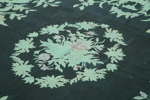 Needlepoint Turquoise Floral Cotton Wool Handmade Area Rug 7'9'' x 10'6''