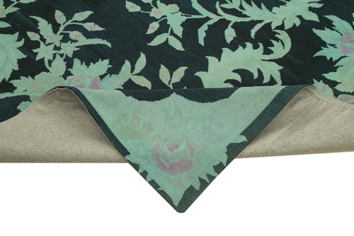 Needlepoint Turquoise Floral Cotton Wool Handmade Area Rug 7'9'' x 10'6''