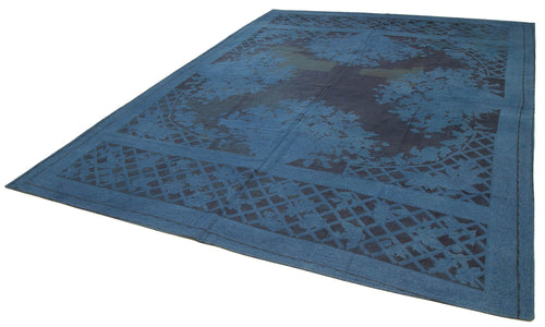 Handmade Area Rug – Blue Floral Pattern Cotton Wool Vintage Turkish Carpet 9'3''x12'3''