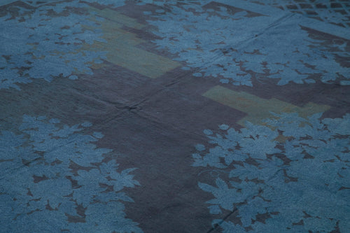 Handmade Area Rug – Blue Floral Pattern Cotton Wool Vintage Turkish Carpet 9'3''x12'3''