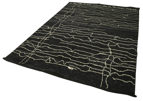 Purpleocco Black Geometric Wool Cotton Handmade Rug 6'3'' x 9'1''