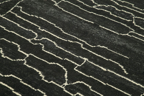 Purpleocco Black Geometric Wool Cotton Handmade Rug 6'3'' x 9'1''