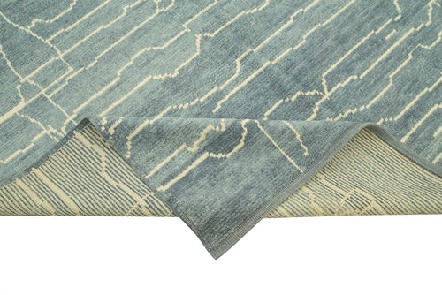 Purpleocco Blue Geometric Wool Cotton Handmade Rug 6'5'' x 10'3''