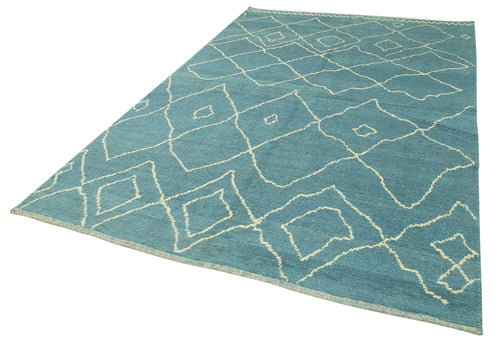 Purpleocco Blue Geometric Wool Cotton Handmade Rug 6'6'' x 9'11''
