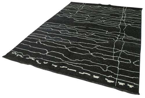 Purpleocco Black Geometric Wool Cotton Handmade Rug 6'10'' x 9'9''