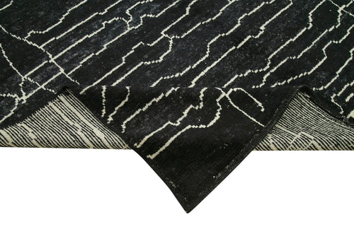 Purpleocco Black Geometric Wool Cotton Handmade Rug 6'10'' x 9'9''