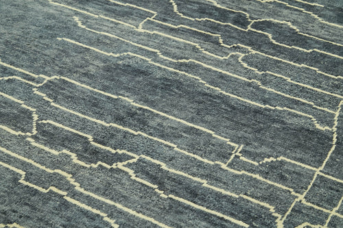 Purpleocco Blue Geometric Wool Cotton Handmade Rug 6'7'' x 9'10''