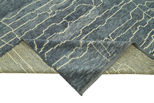 Purpleocco Blue Geometric Wool Cotton Handmade Rug 6'7'' x 9'10''