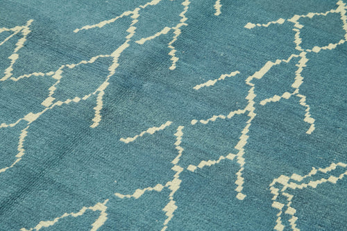 Purpleocco Blue Geometric Wool Cotton Handmade Rug 6'9'' x 9'5''