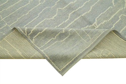 Purpleocco Blue Geometric Wool Cotton Handmade Rug 6'7'' x 9'7''