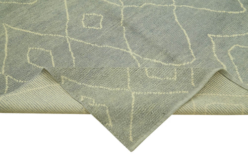 Purpleocco Blue Geometric Wool Cotton Handmade Rug 6'0'' x 10'0''