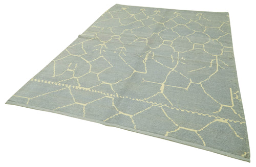 Purpleocco Blue Geometric Wool Cotton Handmade Rug 6'4'' x 9'4''