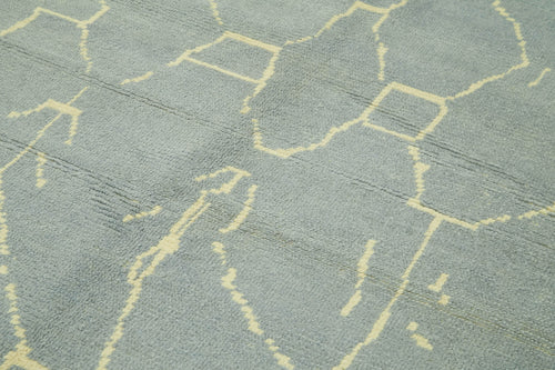 Purpleocco Blue Geometric Wool Cotton Handmade Rug 6'4'' x 9'4''