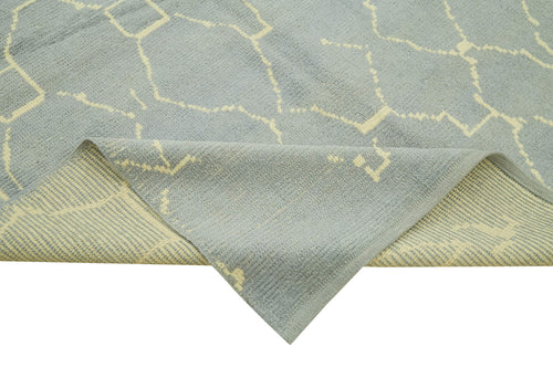 Purpleocco Blue Geometric Wool Cotton Handmade Rug 6'4'' x 9'4''