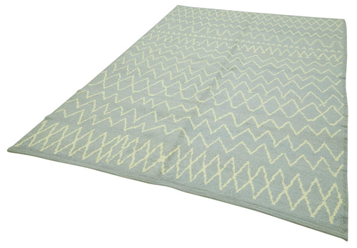 Purpleocco Blue Geometric Wool Cotton Handmade Rug 6'3'' x 9'6''