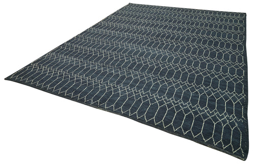 Purpleocco Blue Geometric Wool Cotton Handmade Rug 9'3'' x 12'3''