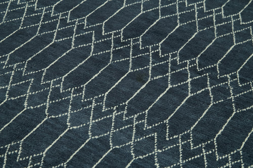 Purpleocco Blue Geometric Wool Cotton Handmade Rug 9'3'' x 12'3''
