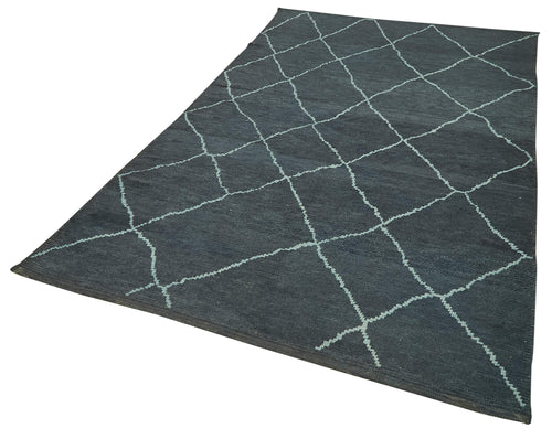 Purpleocco Blue Geometric Wool Cotton Handmade Rug 5'4'' x 8'9''