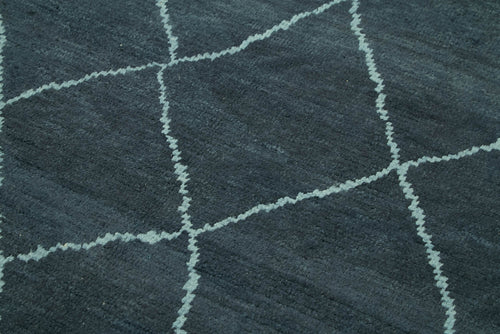 Purpleocco Blue Geometric Wool Cotton Handmade Rug 5'4'' x 8'9''