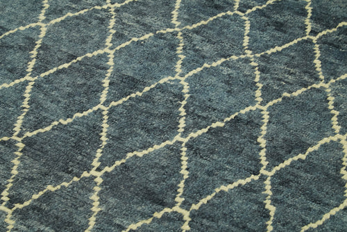 Purpleocco Blue Geometric Wool Cotton Handmade Rug 5'8'' x 7'5''