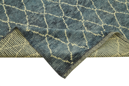 Purpleocco Blue Geometric Wool Cotton Handmade Rug 5'8'' x 7'5''