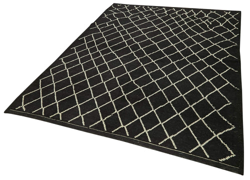 Purpleocco Black Geometric Wool Cotton Handmade Rug 5'10'' x 7'7''