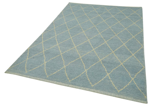 Purpleocco Blue Geometric Wool Cotton Handmade Rug 5'4'' x 7'5''