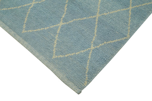 Purpleocco Blue Geometric Wool Cotton Handmade Rug 5'4'' x 7'5''