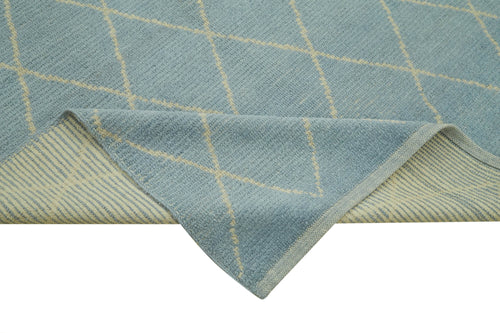 Purpleocco Blue Geometric Wool Cotton Handmade Rug 5'4'' x 7'5''