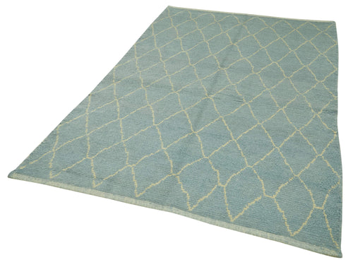 Purpleocco Blue Geometric Wool Cotton Handmade Rug 5'6'' x 8'2''
