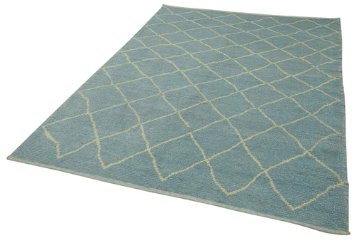 Purpleocco Blue Geometric Wool Cotton Handmade Rug 5'9'' x 7'7''