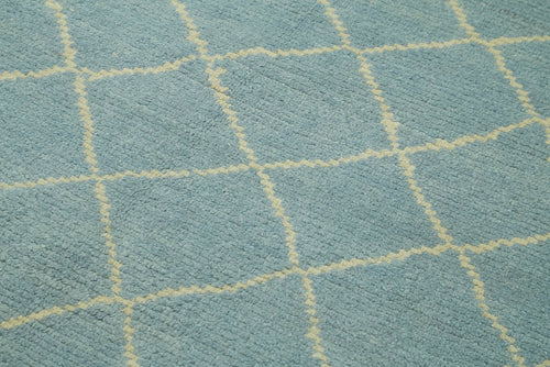 Purpleocco Blue Geometric Wool Cotton Handmade Rug 5'9'' x 7'7''